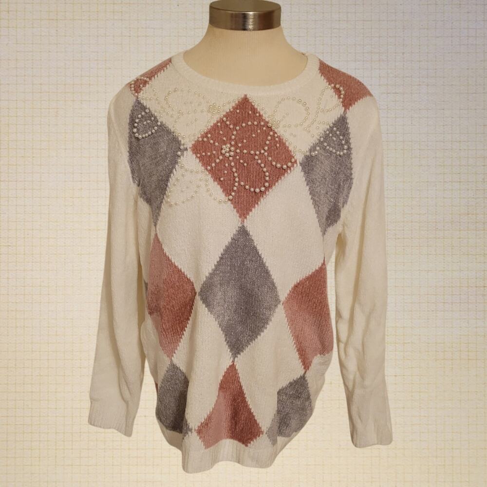 Argyle Knit Alfred Dunner Beaded Sweater Embroidered Floral Medium Winter Soft